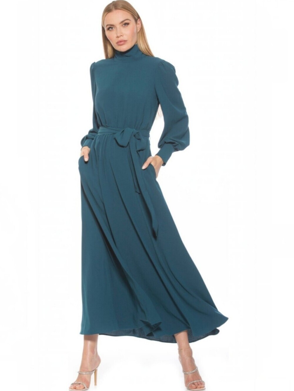Alexia Admor Teal Isaliah Mock Neck Teal Tie Waist Maxi Dress, 10, NWT, Classy